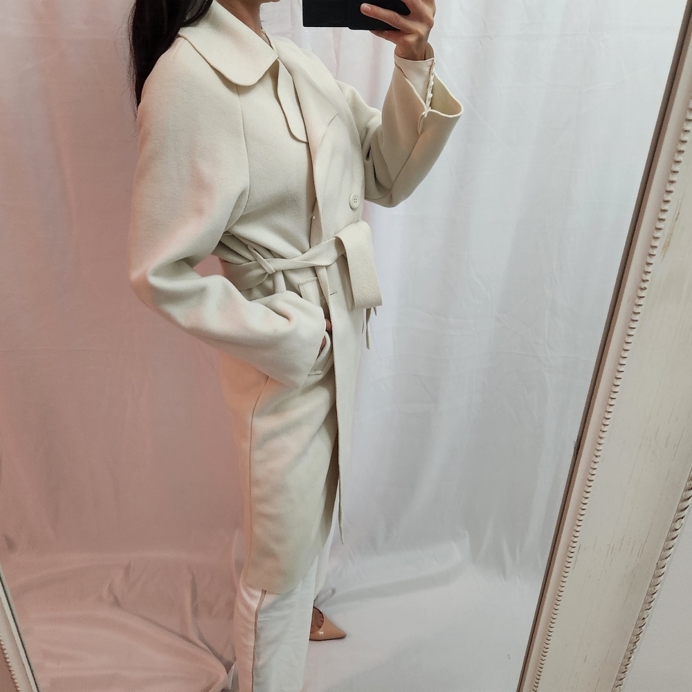 Elegant Cream Belted Coat J.ing Trench velvet winter Collared Fashion - Picture 3 of 8